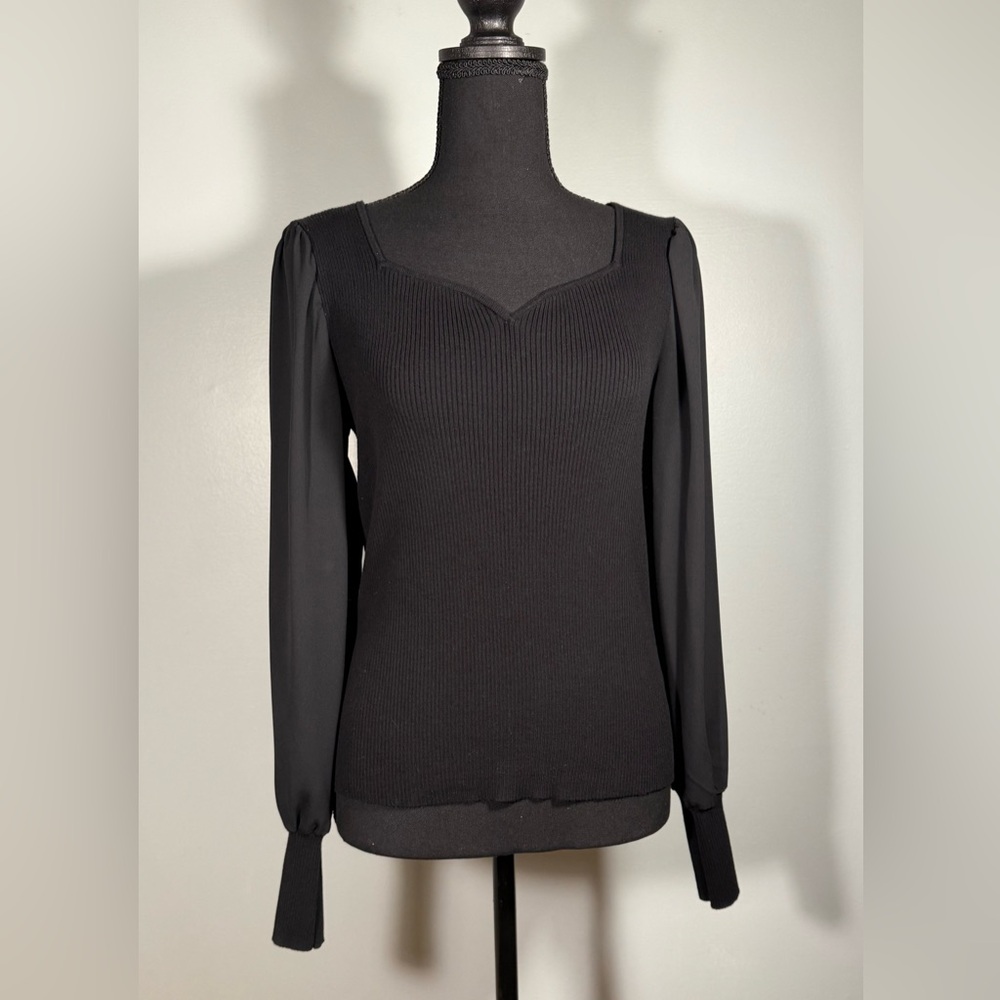 HALOGEN Black Ribbed Balloon Sleeve Top, Sweetheart Neckline, Long Sleeve, Small